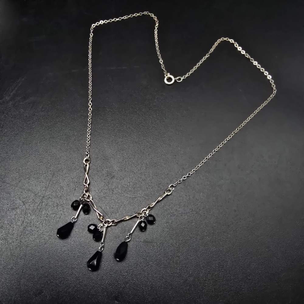 Sterling Silver Black Beaded Necklace Vintage Costume Jewelry
